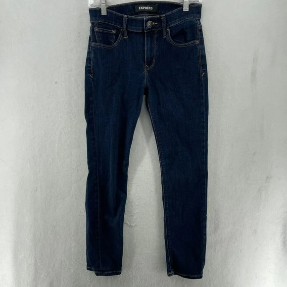 Express Jeans Women's Sz 2 Dark Wash Blue Skinny Mid-Rise Stretch Denim Pockets - Picture 1 of 14